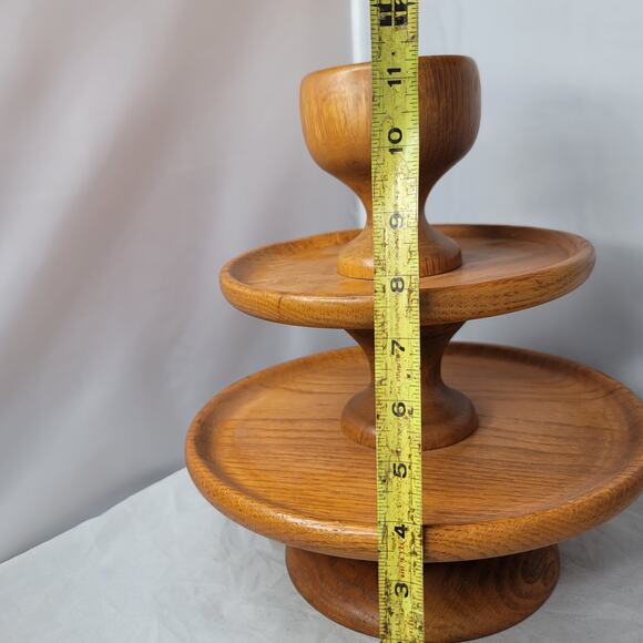 3 tier wood snack tray cheese MCM party Teak Vintage One Piece Centerpiece - Picture 6 of 6